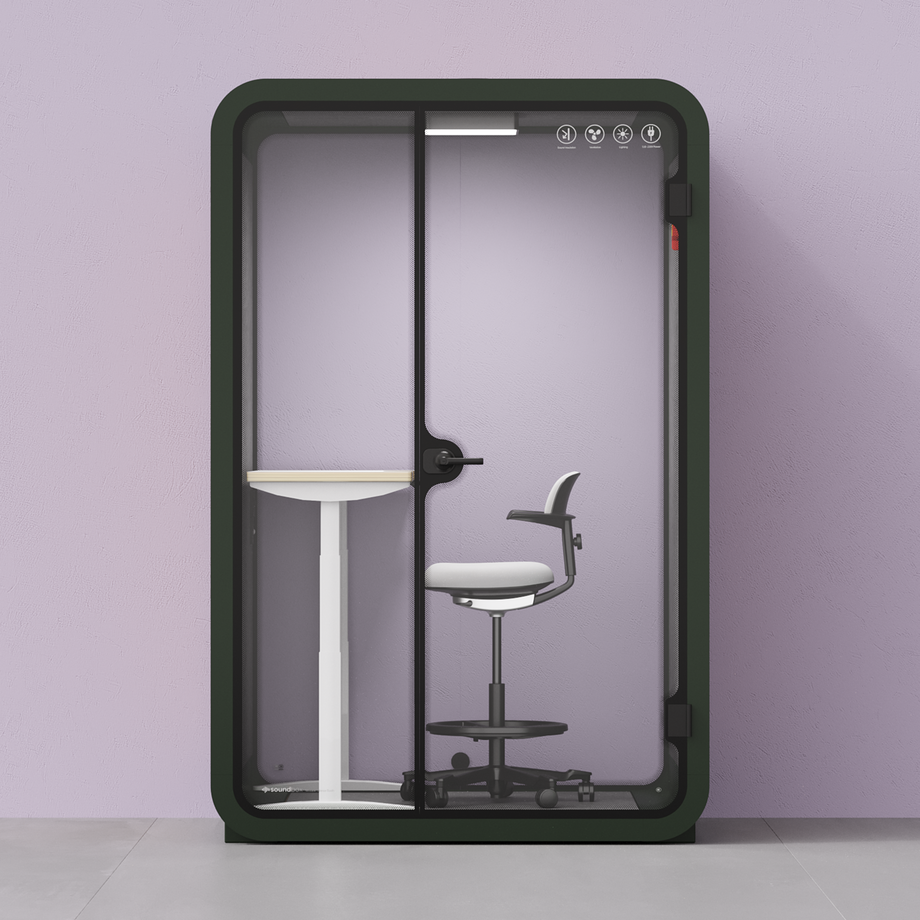 Office Phone Booth Quell - 2 PersonGreen / Dark Gray / Electric Adjustable Work Station + Stool