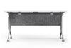 Swish Foldable Conference Table in white and black on a white background, featuring a PET modesty panel, centre water holder, name card slot, pen holder and smooth-rolling casters; modern foldable conference table designed for flexible, space-saving, ergonomic meeting and training room use.