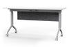Swish Foldable Conference Table in white and black on a white background, featuring a PET modesty panel, centre water holder, name card slot, pen holder and smooth-rolling casters; modern foldable conference table designed for flexible, space-saving, ergonomic meeting and training room use.