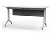 Swish Foldable Conference Table in white and black on a white background, featuring a PET modesty panel, centre water holder, name card slot and pen holder; modern foldable conference table designed for flexible, space-saving, ergonomic meeting and training room use.