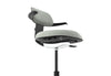 Tulip Adjustable Swivel Stool with integrated armrest and ergonomic support features, available in dark grey, light grey, orange and green. Designed with an adjustable backrest, sliding seat and tilting back support to encourage movement and reduce fatigue, it includes a smooth swivel function and round steel footrest for stability in modern offices and collaborative workspaces.