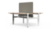 Vivo Up Motion Collaboration Workstation on a white background, featuring an E0-grade 25mm melamine desktop, dual-motor height-adjustable steel legs, integrated cable management, flip-up cable box, fabric privacy screen and smart OLED touch controller; modern sit-stand collaborative workstation designed for ergonomic, tech-enabled office environments.