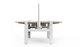Vivo Up Motion Collaboration Workstation on a white background, featuring an E0-grade 25mm melamine desktop, dual-motor height-adjustable steel legs, integrated cable management, flip-up cable box, fabric privacy screen and smart OLED touch controller; modern sit-stand collaborative workstation designed for ergonomic, tech-enabled office environments.