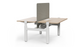 Vivo Up Motion Collaboration Workstation on a white background, featuring an E0-grade 25mm melamine desktop, dual-motor height-adjustable steel legs, integrated cable management, flip-up cable box, fabric privacy screen and smart OLED touch controller; modern sit-stand collaborative workstation designed for ergonomic, tech-enabled office environments.