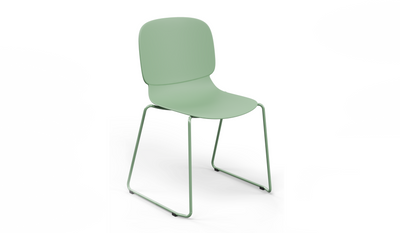 Aarhus Bistro Glide Stackable Chair by Quell Design – sculptural modern chair in morandi green moulded polypropylene shell and sleek electrostatic powder-coated steel frame. The ergonomic, contoured seat offers comfort while its stackable design makes it perfect for dynamic office, café or communal spaces.