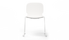 Aarhus Bistro Glide Stackable Chair by Quell Design – sculptural modern chair in white moulded polypropylene shell and sleek electrostatic powder-coated steel frame. The ergonomic, contoured seat offers comfort while its stackable design makes it perfect for dynamic office, café or communal spaces.