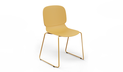 Aarhus Bistro Glide Stackable Chair by Quell Design – sculptural modern chair in ginger moulded polypropylene shell and sleek electrostatic powder-coated steel frame. The ergonomic, contoured seat offers comfort while its stackable design makes it perfect for dynamic office, café or communal spaces.