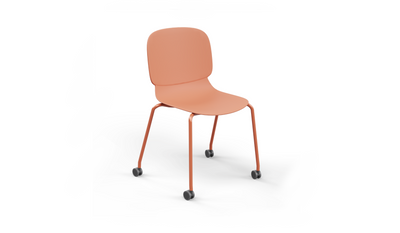 Aarhus Wheelie Chair by Quell Design — contemporary office chair with moulded polypropylene shell in a coral finish, mounted on a set of smooth-glide swivel castors and a black powder-coated steel base. Ideal for dynamic work environments, home offices or collaborative spaces offering mobility, ergonomic comfort and Scandinavian minimalist style.