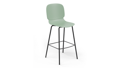 Aarhus counter stool front angled view product shot on white background, modern seating for contemporary areas, offices, and workspaces, green colour.