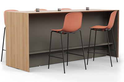 Skanfor Collaborative Breakfast Bar, angled view of the oak wood external, mocha brown internal, double-sided bar.