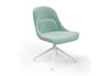 Bloom Chair by Quell Design – a modern Scandinavian-style chair in soft pastel aqua with a smooth contoured seat upholstered in linen-velvet and eco PU panels. Supported by a sleek black Eiffel-style steel base, this elegant and comfortable chair brings a touch of colour and minimalist sophistication to contemporary interiors, perfect for hospitality, dining, or office settings.