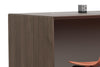 Skanfor Collaborative Breakfast Bar, close-up view of the external, walnut wood and internal mocha brown finish.