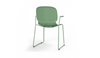 Aarhus Bistro Carver Stackable Chair by Quell Design – sculptural modern chair in morandi green moulded polypropylene shell with integrated armrests and sleek electrostatic powder-coated steel frame. The ergonomic, contoured seat offers comfort while its stackable design makes it perfect for dynamic office, café or communal spaces.