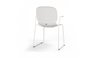 Aarhus Bistro Carver Stackable Chair by Quell Design – sculptural modern chair in white moulded polypropylene shell with integrated armrests and sleek electrostatic powder-coated steel frame. The ergonomic, contoured seat offers comfort while its stackable design makes it perfect for dynamic office, café or communal spaces.