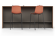 Skanfor Collaborative Breakfast Bar, front view showing the bar stools, oak wood external, mocha brown internal, double-sided bar.