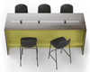 Skanfor Collaborative Breakfast Bar, top view showing the power rail, ebony wood external, olive green internal, double-sided bar.